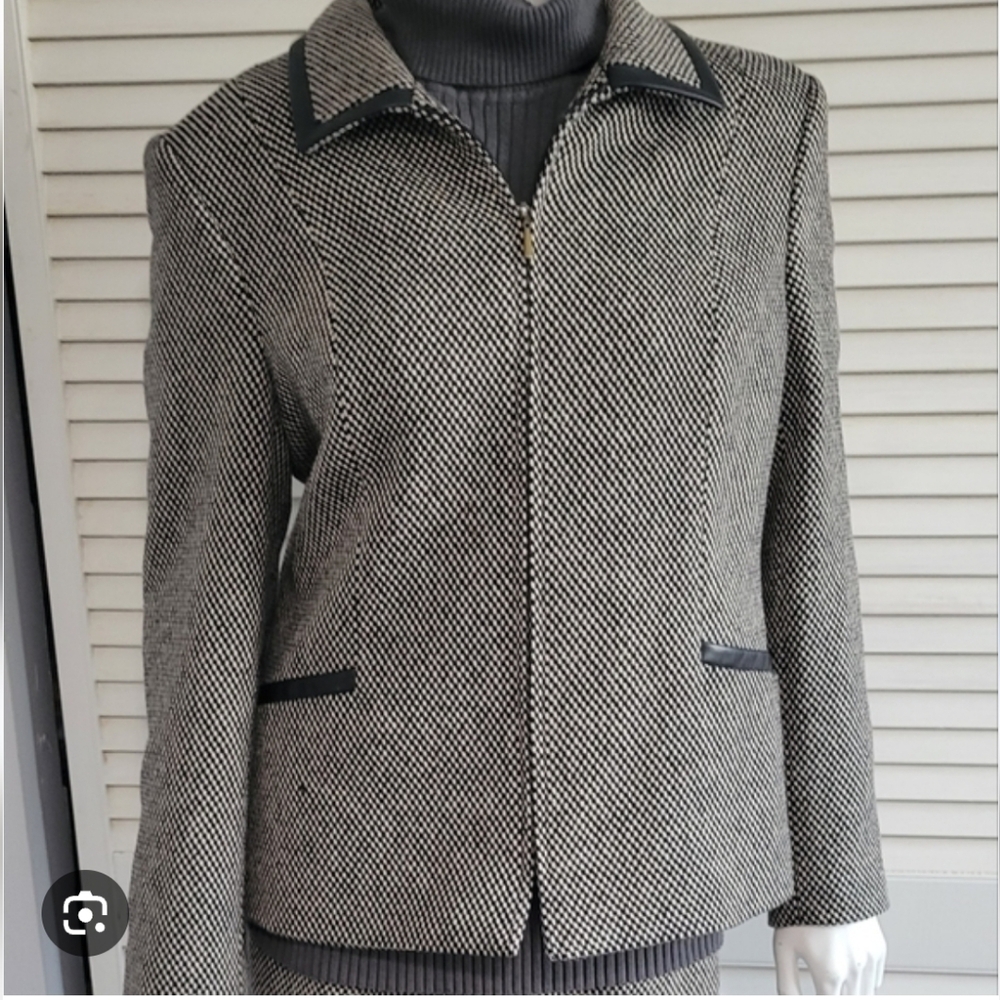 Talbots Wool Silk Blazer Woven Mini Check Leather Trimmed Zipper Sophisticated 8
